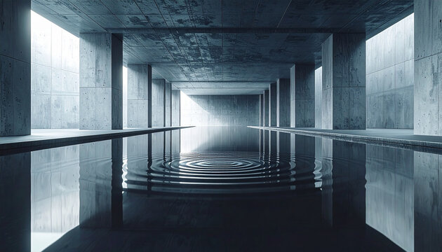 Brutalist architecture interior background featuring massive concrete pillars and water ripples in indoor pool