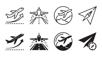 Obraz premium Aircraft takeoff and air travel flight symbols with airplane aviation departure navigation transport silhouette
