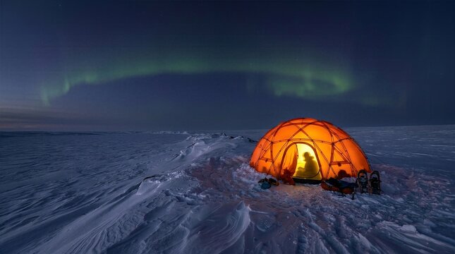 Explorer standing by glowing orange tent in snowy arctic landscape under northern lights.