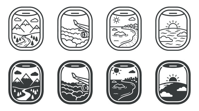 Plane window view icons set showing landscape scenes with mountains clouds beach ocean sunset and aircraft wing