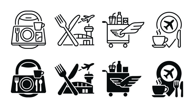In-flight catering and airline dining icon set including meals and service carts with catering airplane refreshments