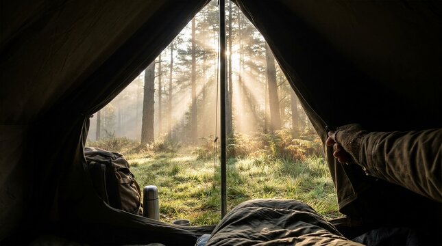 Waking up in sleeping bag and unzipping tent to view glowing sunrise in foggy woodland landscape.