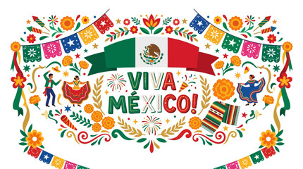 Fototapeta premium Traditional Mexican Celebration Illustration with Folk Dancers and Floral Ornaments