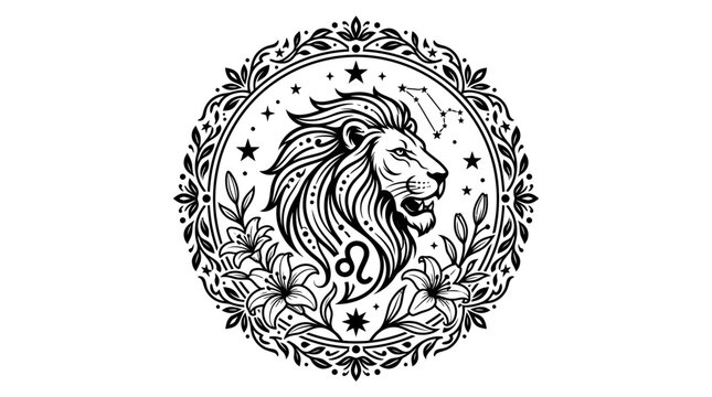 Leo Zodiac Lion Head Illustration with Floral Ornament and Stars