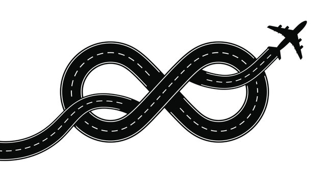 Airplane flying along an infinity symbol shaped road path with airplane infinity aviation transport aircraft