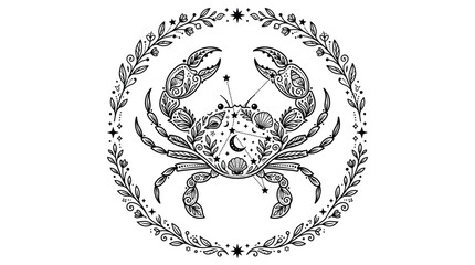 Fototapeta premium Mystical Crab Zodiac Sign Illustration with Floral Wreath and Celestial Elements