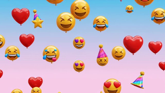 Emoji balloons floating wide view upward across pastel background, supporting celebration graphics, reaction packs, social media posts, chat messaging, event promotions, and app engagement media.