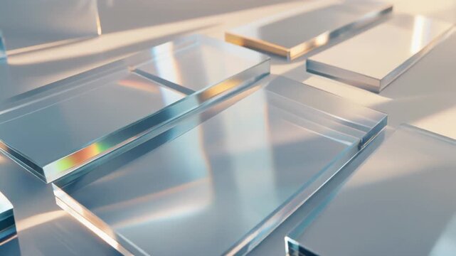 Overlapping translucent acrylic panels create evolving reflections, soft shadows and realistic refraction patterns in bright minimalist studio, forming refined luxury technology background.