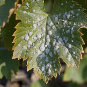 Close-up of Grapevine Leaf Infected with Downy Mildew Showcasing Plant Disease Symptoms and Nutrient Uptake Disruption in Agricultural Science