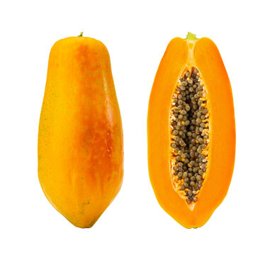 Whole Yellow Papaya and Lengthwise Halved Red Flesh Papaya on White