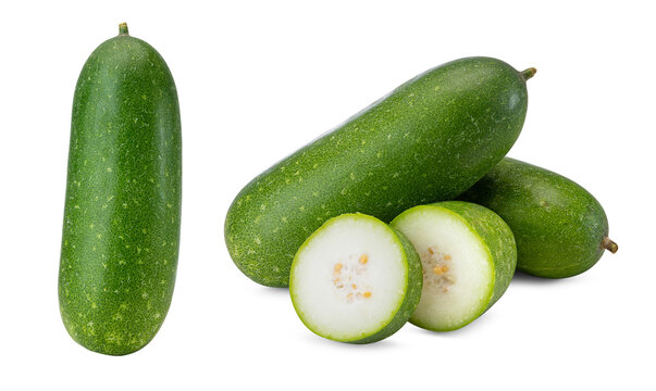Close-up of Two Groups of Hairy Melons Whole and Cross Sliced on White Background