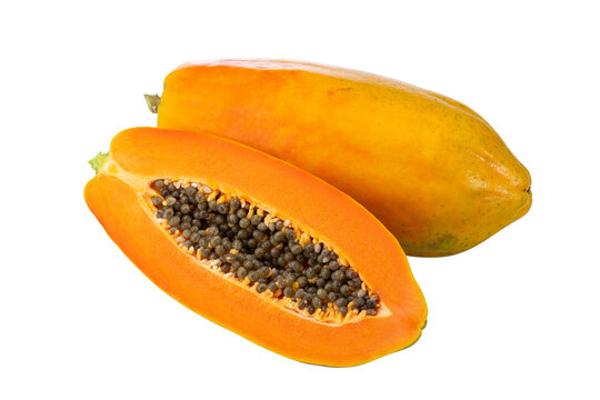 Whole Yellow Papaya and Lengthwise Halved Red Flesh Papaya on White
