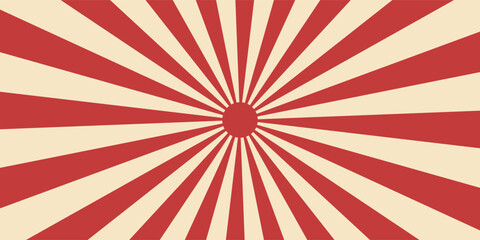 Red sunburst lines on yellow Background. Light sun rays pattern. Vintage stripes halftone radial wallpaper for poster, banner, advertising backdrop, comic or circus scene. © Berkah