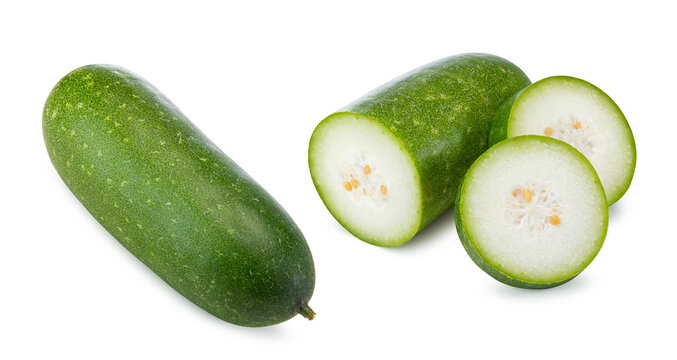 Close-up of Two Groups of Hairy Melons Whole and Cross Sliced on White Background