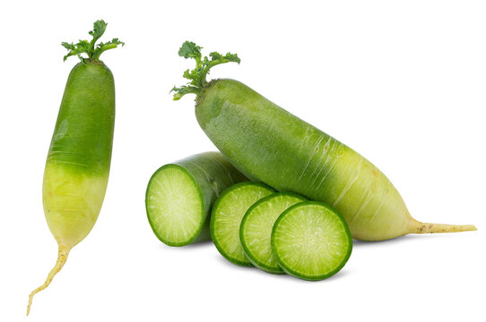 Close-up of Whole Green Radishes with Tops and Round Cross Slices on White Background
