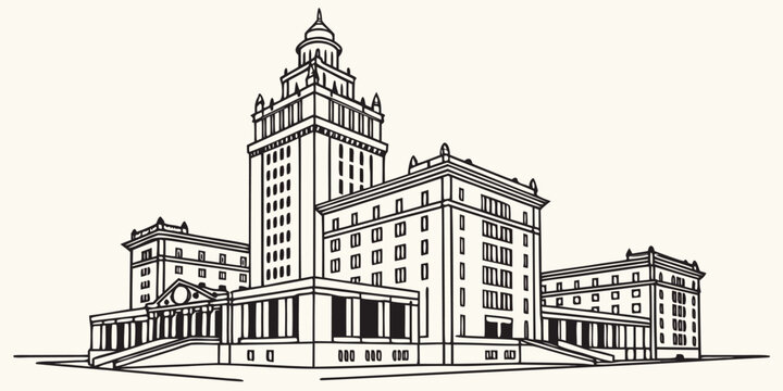 Classic government building stands tall with detailed architectural features and a grand central tower entrance.
