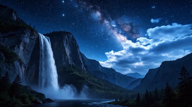 Nighttime waterfall under starry sky