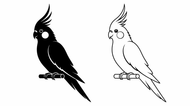 Perched cockatiel vector icons in silhouette and line art, minimalist bird design