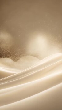 Flowing alabaster dust drifts through warm sunlight in minimalist architectural space with soft volumetric light, creating refined luxury resort atmosphere in neutral ivory and sand tones.
