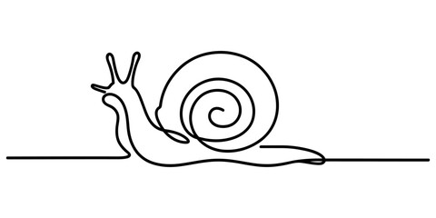 Simple snail silhouette drawing made with one continuous black line showing a cute mollusk animal isolated on a clean white background for design Vector, illustration © New Outline