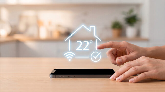 Smart home automation concept. Hand touching virtual thermostat icon displaying 22 degrees 