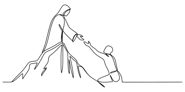 One continuous line drawing of jesus christ helping a person reaching out to his hand to provide divine support and spiritual guidance for salvation Vector, illustration
