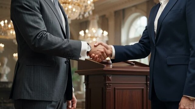 Two business professionals in formal suits shaking hands, symbolizing a successful agreement, strong partnership, or strategic deal reached in a distinguished corporate environment