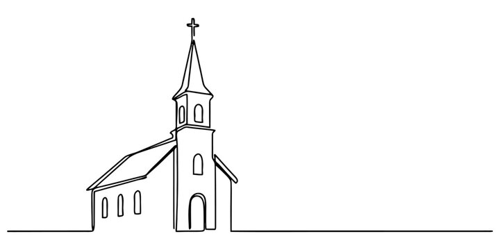 Continuous single line drawing of a simple church building with a cross on top as a minimal religious chapel icon for christian architecture design Vector, illustration