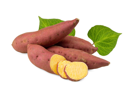Fresh Yellow Flesh Sweet Potatoes with Leaves and Slices on White Background

