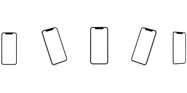 Collection of smartphone outline icons with front notch design in multiple orientations and perspectives for user interface, flat vector illustration