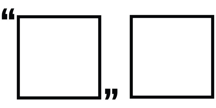 Minimal quotation box template with black quote marks and plain text frame for creative design layout, flat vector illustration