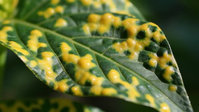 Close up of a leaf infected with mosaic virus displaying genetic mutation patterns in yellow and green for plant pathology and DNA research studies