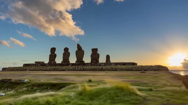 Easter Island, Moais Tahai Archaeological Complex, Rapa Nui National Park, Chile. Sunset.
