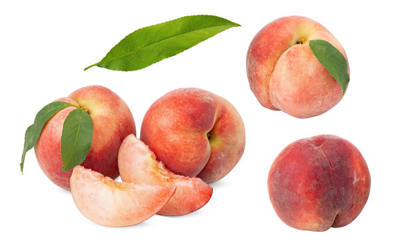 Close-up of Fresh Peaches with Leaves and Slices on White Background