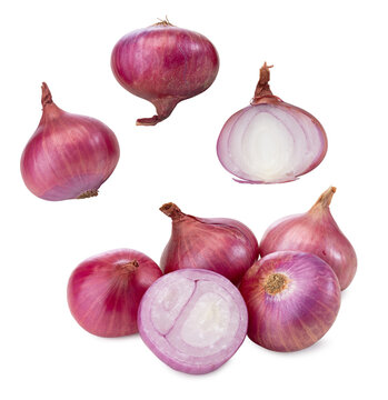 Close-up of Whole Small Red Onions and Sliced Segments on White Background
