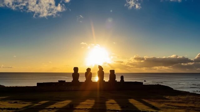 Easter Island, Moais Tahai Archaeological Complex, Rapa Nui National Park, Chile. Sunset.