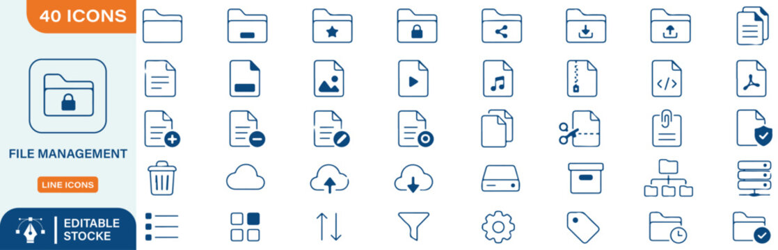 File Management Line Icons Set, Document Folder and Cloud Storage Vector Icons Bundle