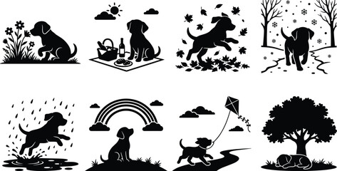 Obraz premium Dog Silhouette Collection with Seasonal Nature Scenes and Outdoor Adventure Vector Illustrations