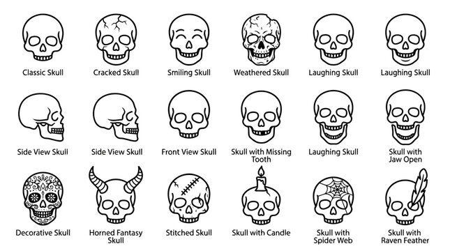 Black and White Minimalist Skull Illustrations with Various Expressions and Decorative Elements