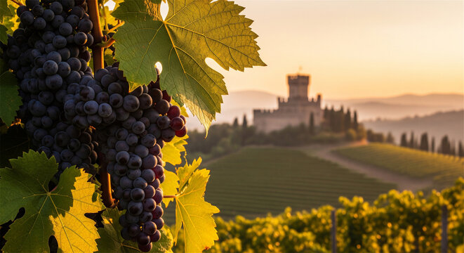 Ripe red wine grapes in vineyard at sunset, scenic tuscan landscape with historic castle, organic viticulture and wine tourism concept