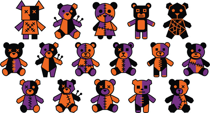Creepy Halloween voodoo teddy bear collection featuring spooky stitched plush toys with pins and patchwork details vector illustration