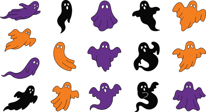 Spooky Halloween ghost characters collection with flying and floating little phantoms in orange purple and black hand drawn vector illustration