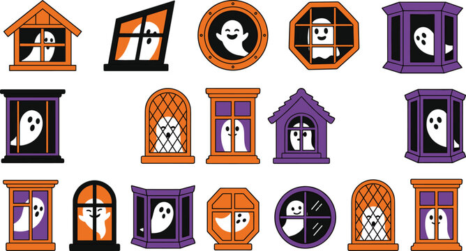 Cute Halloween haunted house window stickers pack with friendly white ghost characters smiling and peeking through colorful frames vector