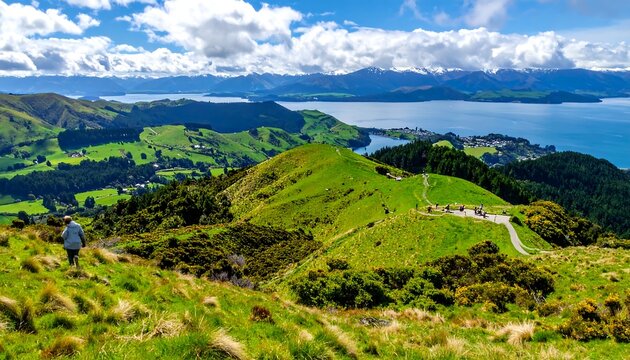 Vibrant Green Hills Overlooking Blue Lake and Distant Mountains Under Cloudy Sky