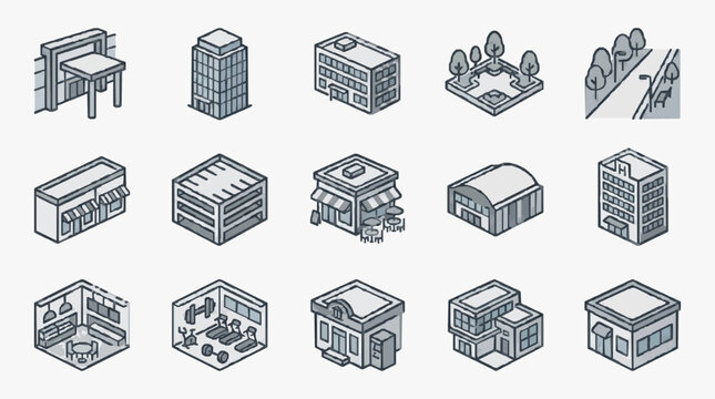 Clean Minimalist Isometric Icons Set of Urban Buildings Furniture and Landscaping Elements in Monochrome