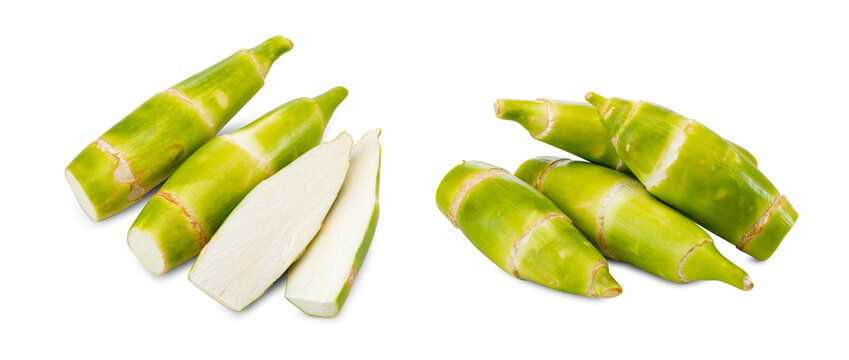 Close-up of Whole Unpeeled Water Bamboo and Split Segments on White Background
