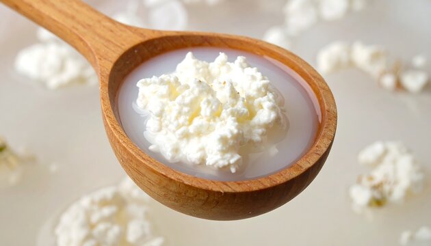 Fresh Cottage Cheese Resting in Wooden Spoon Over Milky Background