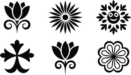 Fototapeta premium Minimalist Black and White Floral Icon Vector Set Featuring Lotus Blooms Daisy Silhouettes and Cute Smiling Sun Flowers for Graphic Brand Identity Designs