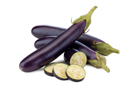 Close-up of Fresh Long Purple Eggplants Whole and Sliced on White Background