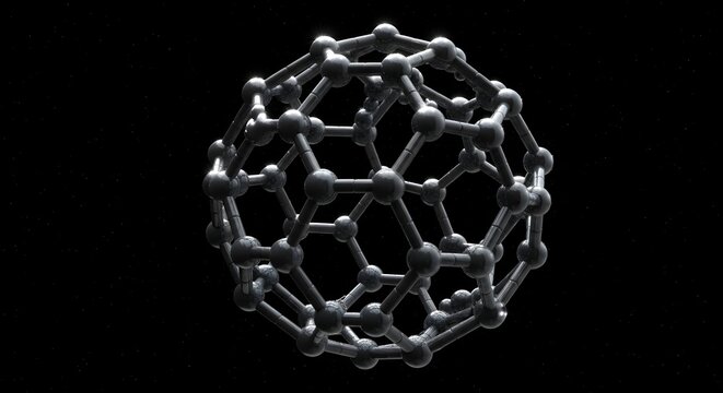 Buckminsterfullerene molecule structure on black background